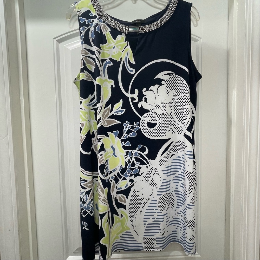 Alfani A-Line dress with silver trim along the collar.